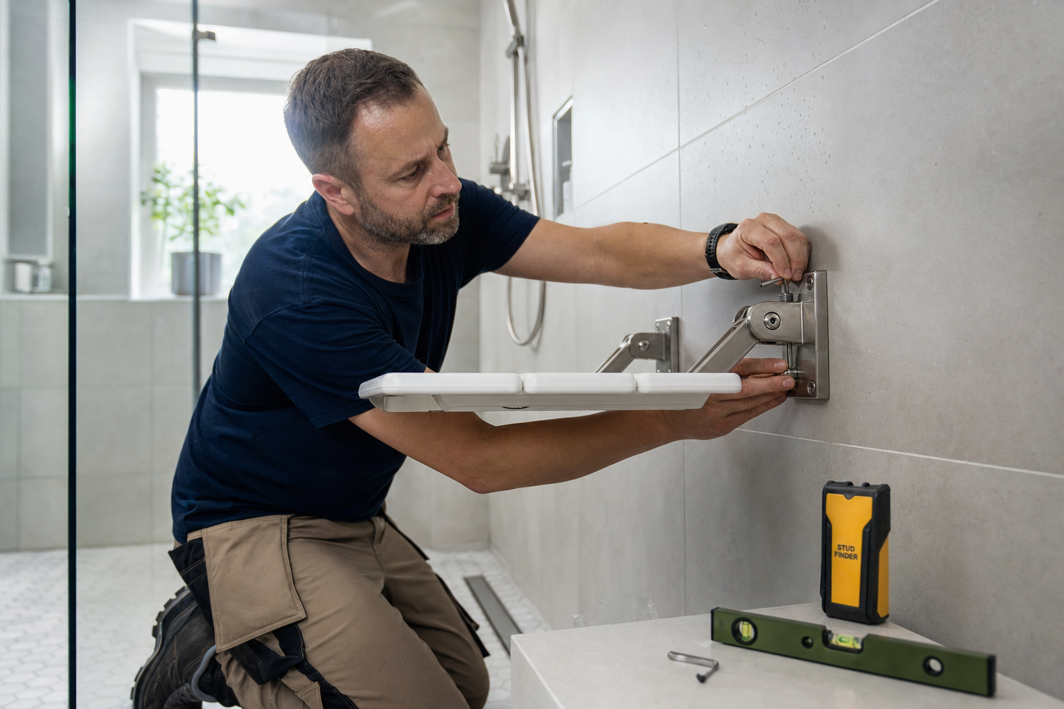 Opklapbaar douche zitje gemonteerd aan badkamermuur
